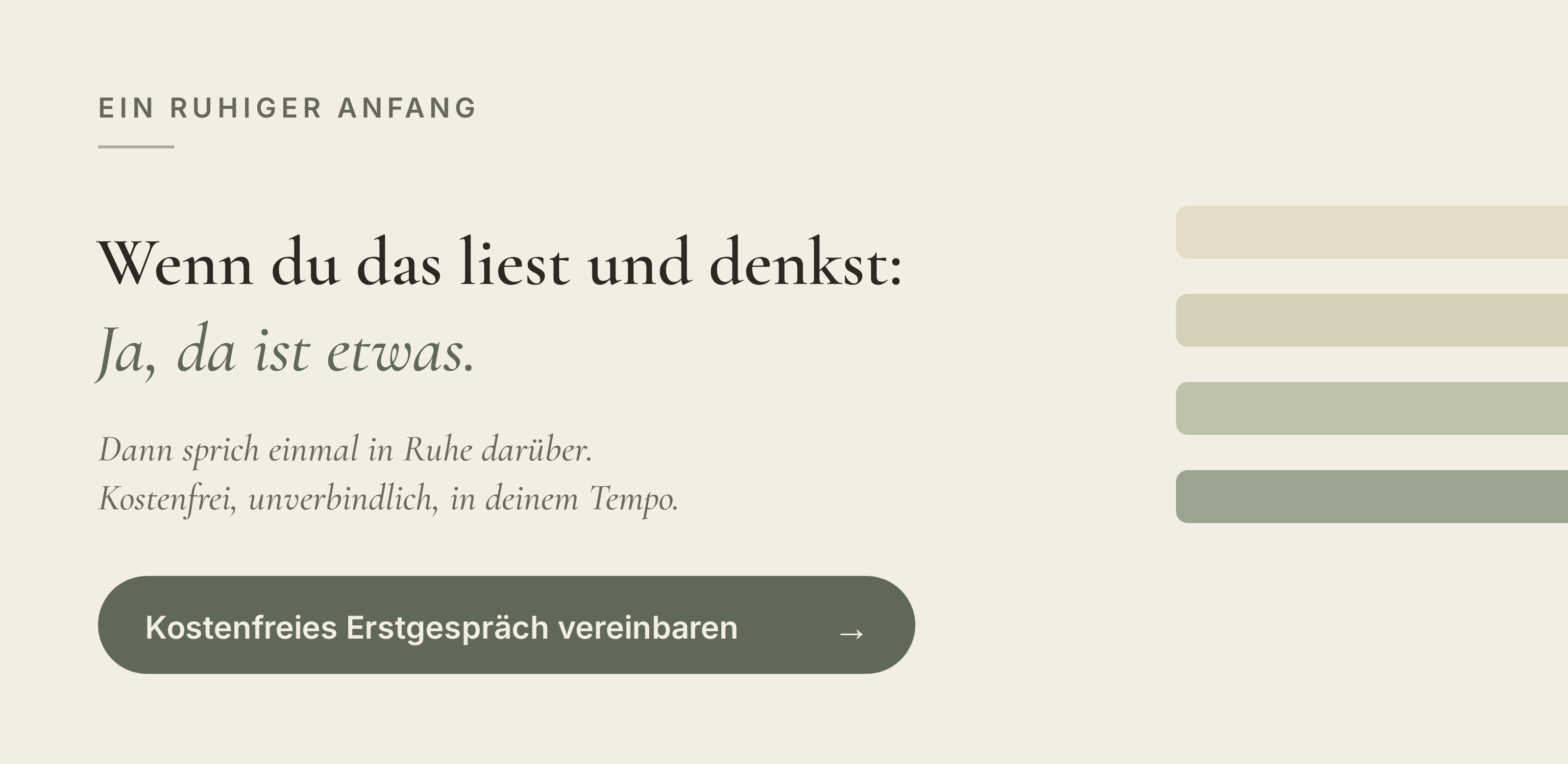 blog_cta_erstgespraech Hero banner with beige background: headline 'EIN RUHIGER ANFANG', supporting German text and a large dark green rounded button 'Kostenfreies Erstgespräch vereinbaren' on the left; color swatches on the right.